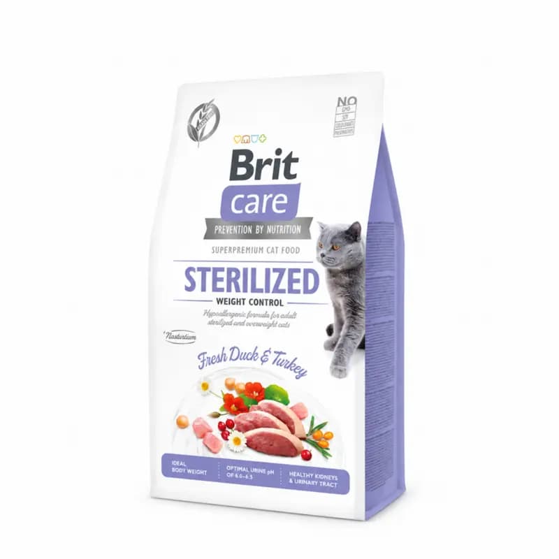 غذای خشک گربه بالغ عقیم‌ شده بریت کر سوپر پریمیوم مدل Sterilized Weight Control با طعم اردک و بوقلمون ۲ کیلوگرم