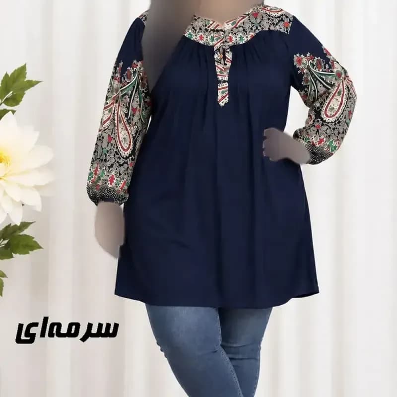 تونیک نخی سایز بزرگ طرح اندونزی مدل ترمه دکمه دار چهارفصل — تصویر ۵