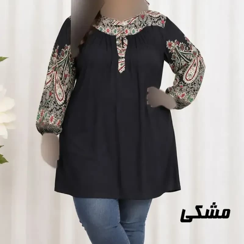 تونیک نخی سایز بزرگ طرح اندونزی مدل ترمه دکمه دار چهارفصل — تصویر ۴