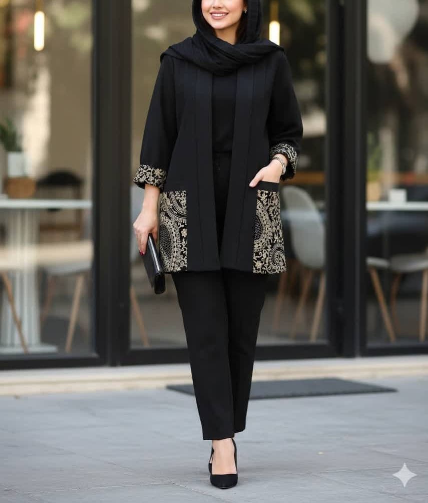 مانتو مجلسی سایز بزرگ کتی شانتون تایوان خرجکار مخمل گلدوزی اسلیمی سایز 40 تا 50 — تصویر ۳