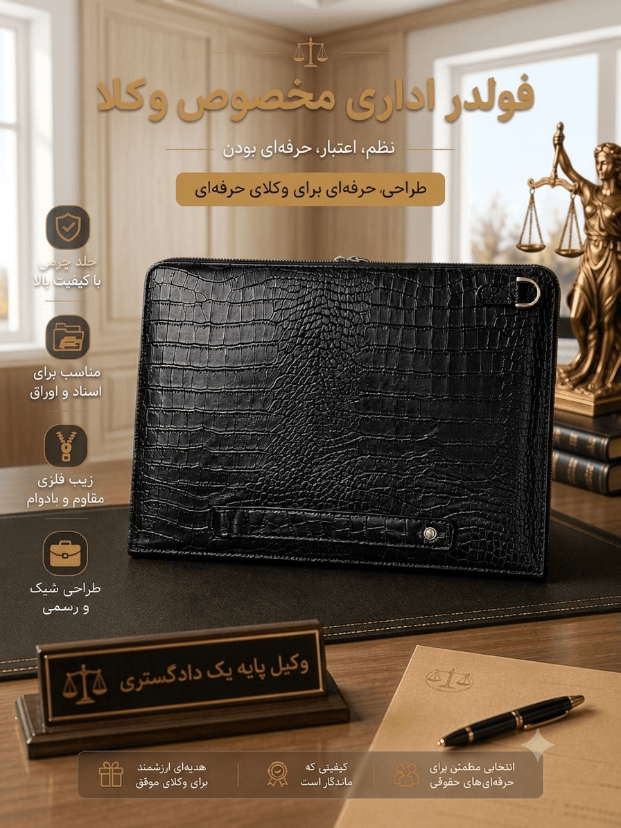 کیف وکالتی (فولدر) چرم اداری دورزیپ*چرم طبیعی گاوی طرح روکو مشکی*مخصوص وکلا و مهندسین و کارمندان
