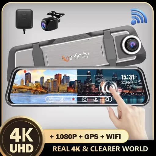 دوربین خودرو آینه ای 4K دو لنزه وای فای دار و جی پی اس دار T10