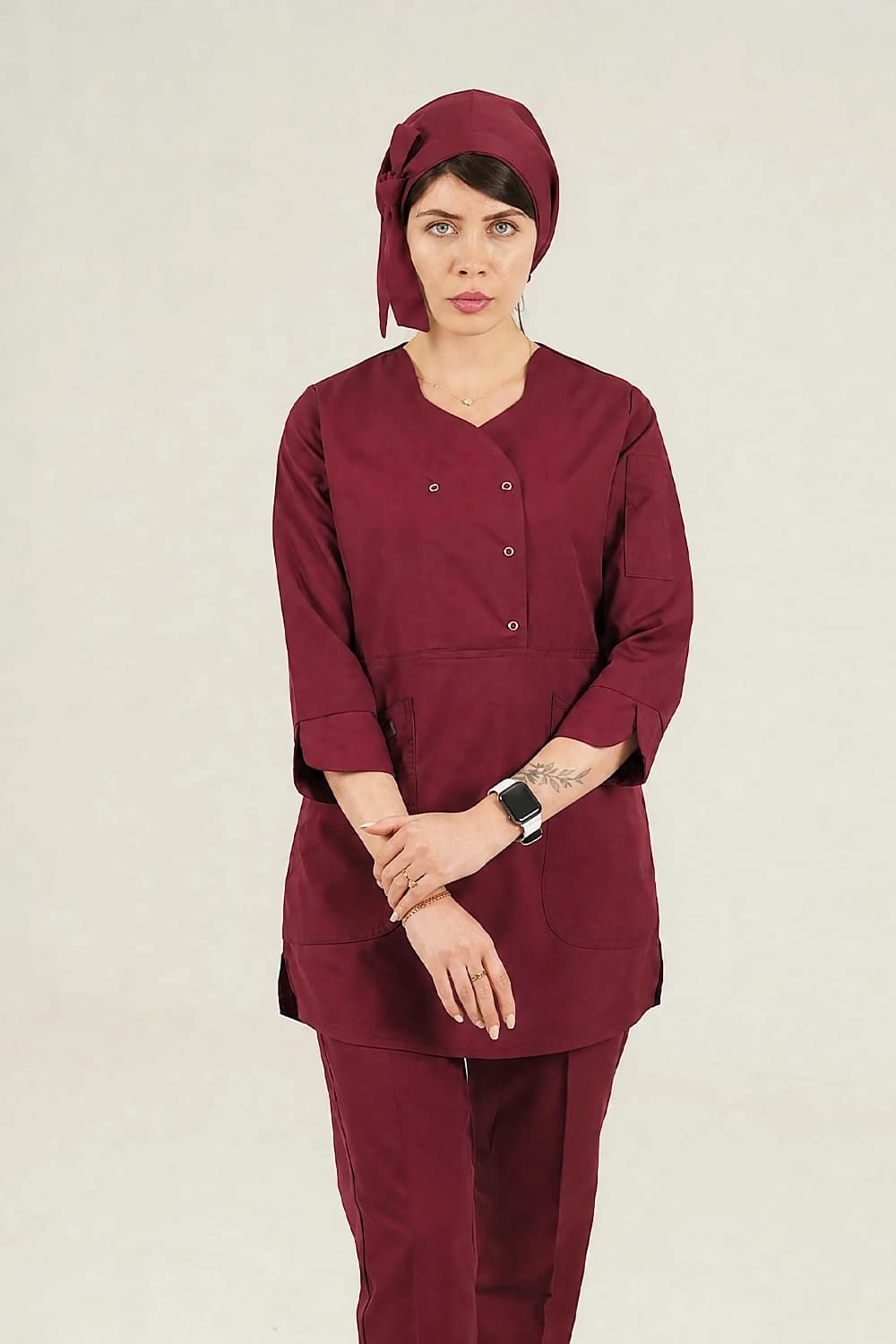 ست اسکراب زنانه آستین سه ربع زرشکی