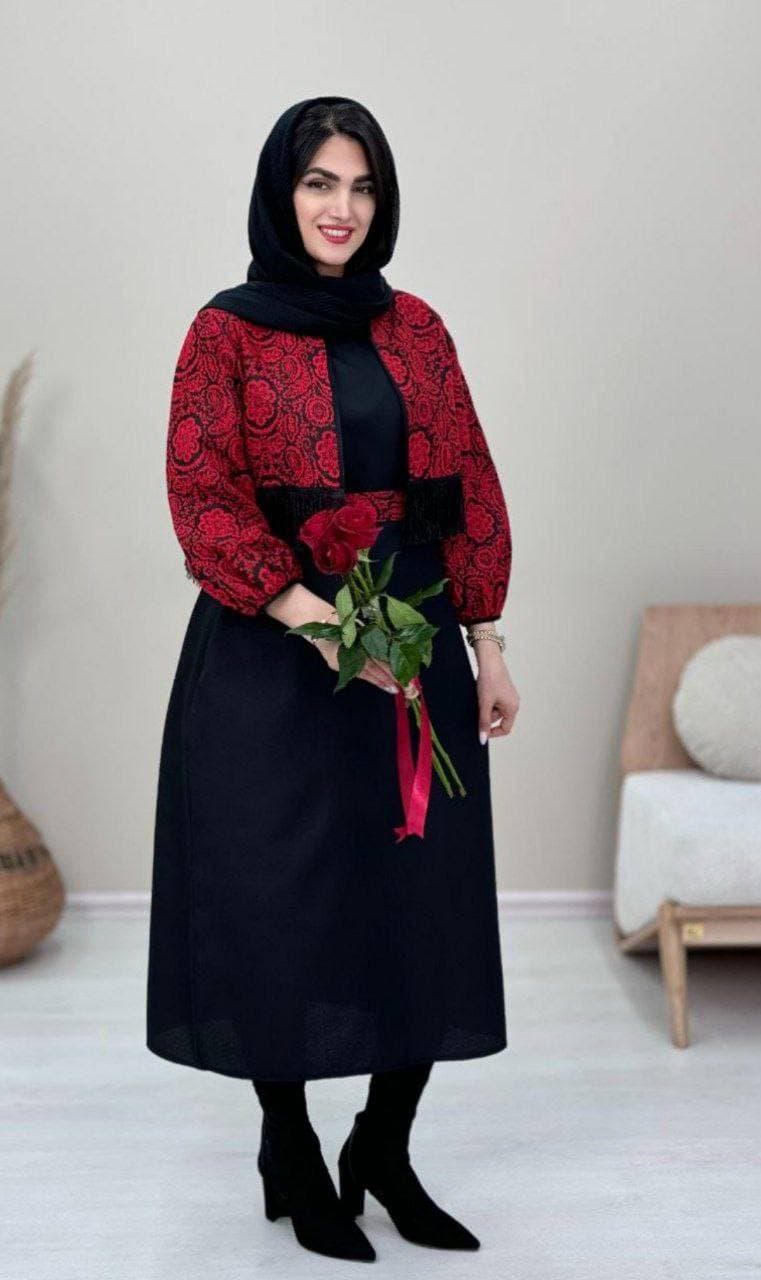 ست پیراهن آستین حلقه ای و کت گلیمی یلدایی
