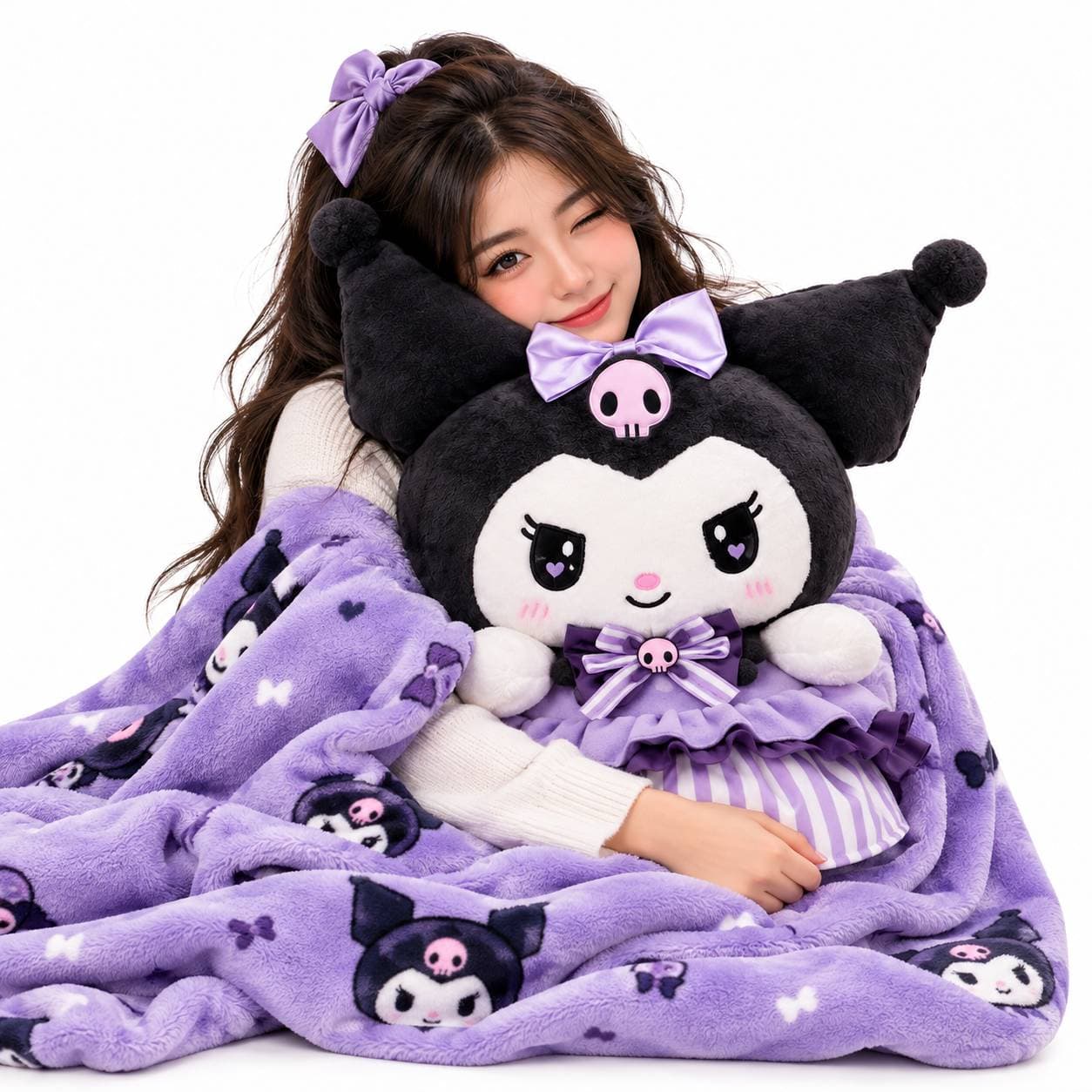 🖤💜 ست پتو بالشتی، عروسک، تراول ماگ و آویز کیف کرومی Kuromi Pillow Blanket, Plush, Travel Mug & Bag Charm Set — تصویر ۷