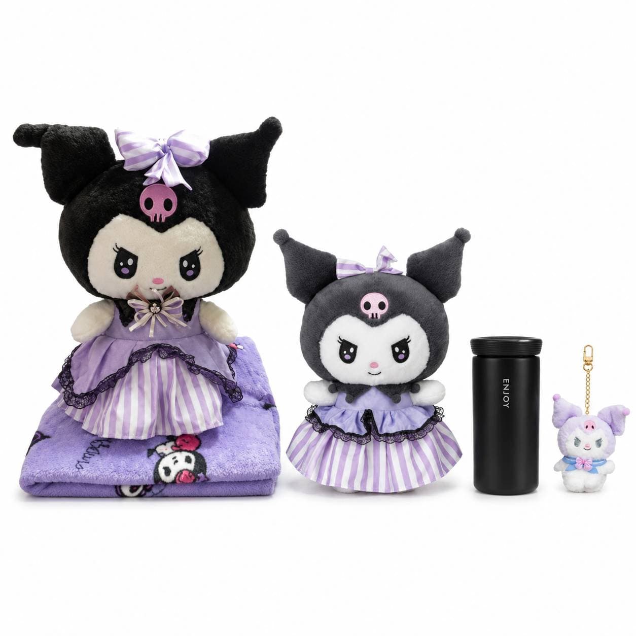 🖤💜 ست پتو بالشتی، عروسک، تراول ماگ و آویز کیف کرومی Kuromi Pillow Blanket, Plush, Travel Mug & Bag Charm Set