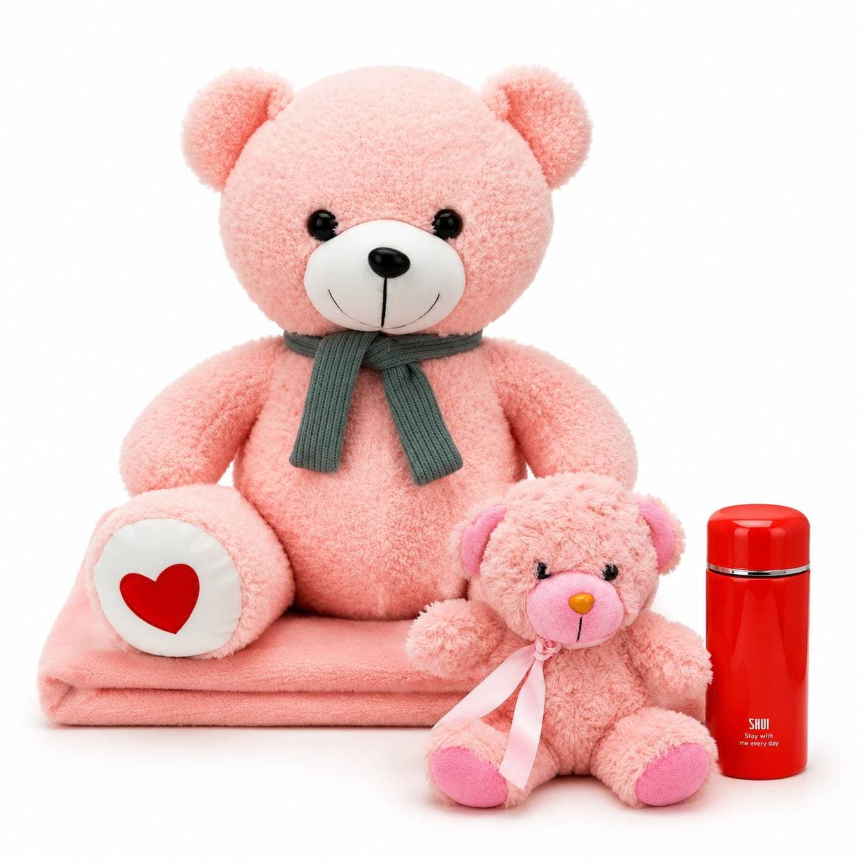 🩷🧸 ست پتو بالشتی خرس صورتی، عروسک و تراول ماگ Pink Teddy Pillow Blanket, Plush & Travel Mug Set — تصویر ۳