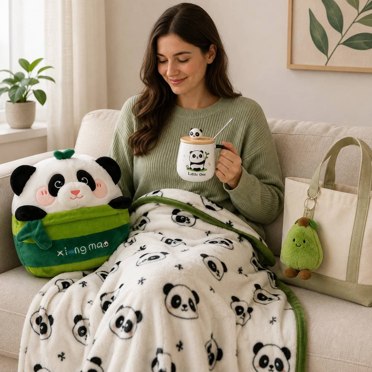 ست پتو بالشتی پاندا، ماگ و آویز کیف 🐼🥑☕ | Panda Pillow Blanket, Mug & Avocado Bag Charm Set — تصویر ۴