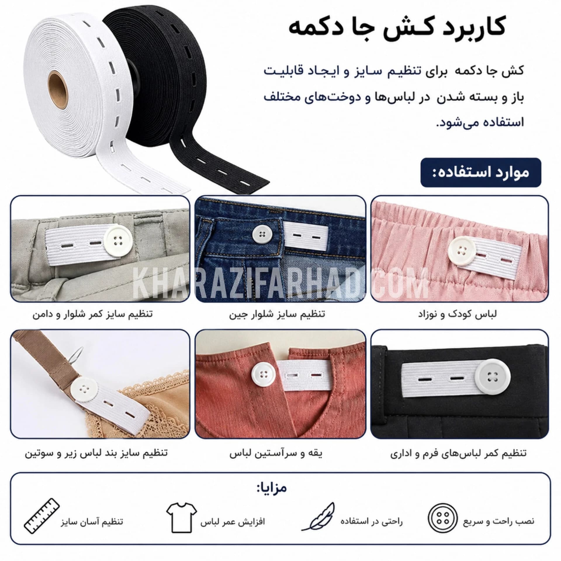 کش جا دکمه دار(کش رگلاژی)سفید و مشکی بسته 20 یاردی عمده — تصویر ۶