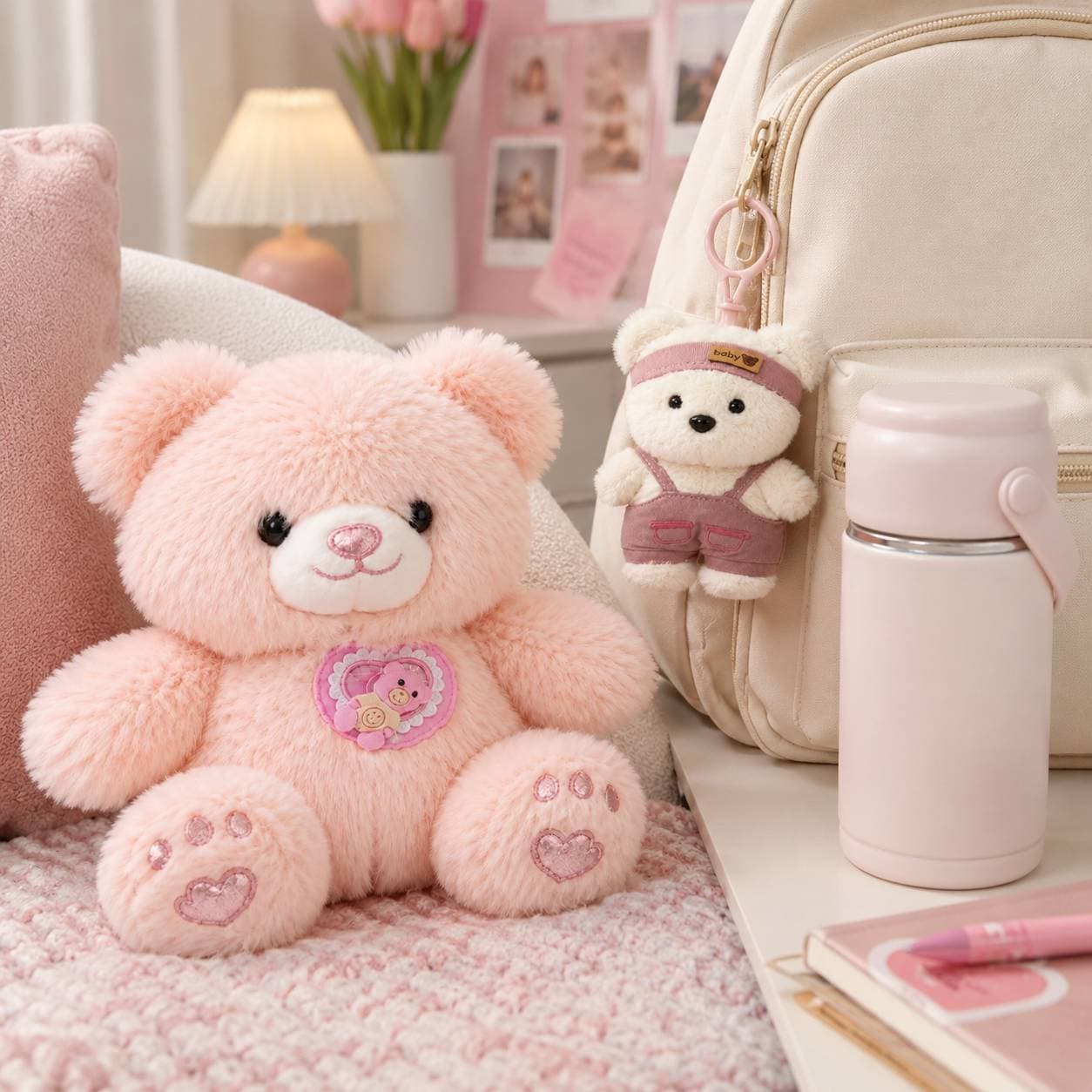ست خرس صورتی همراه با آویز کیف و تراول ماگ | Pink Bear To Go — تصویر ۴