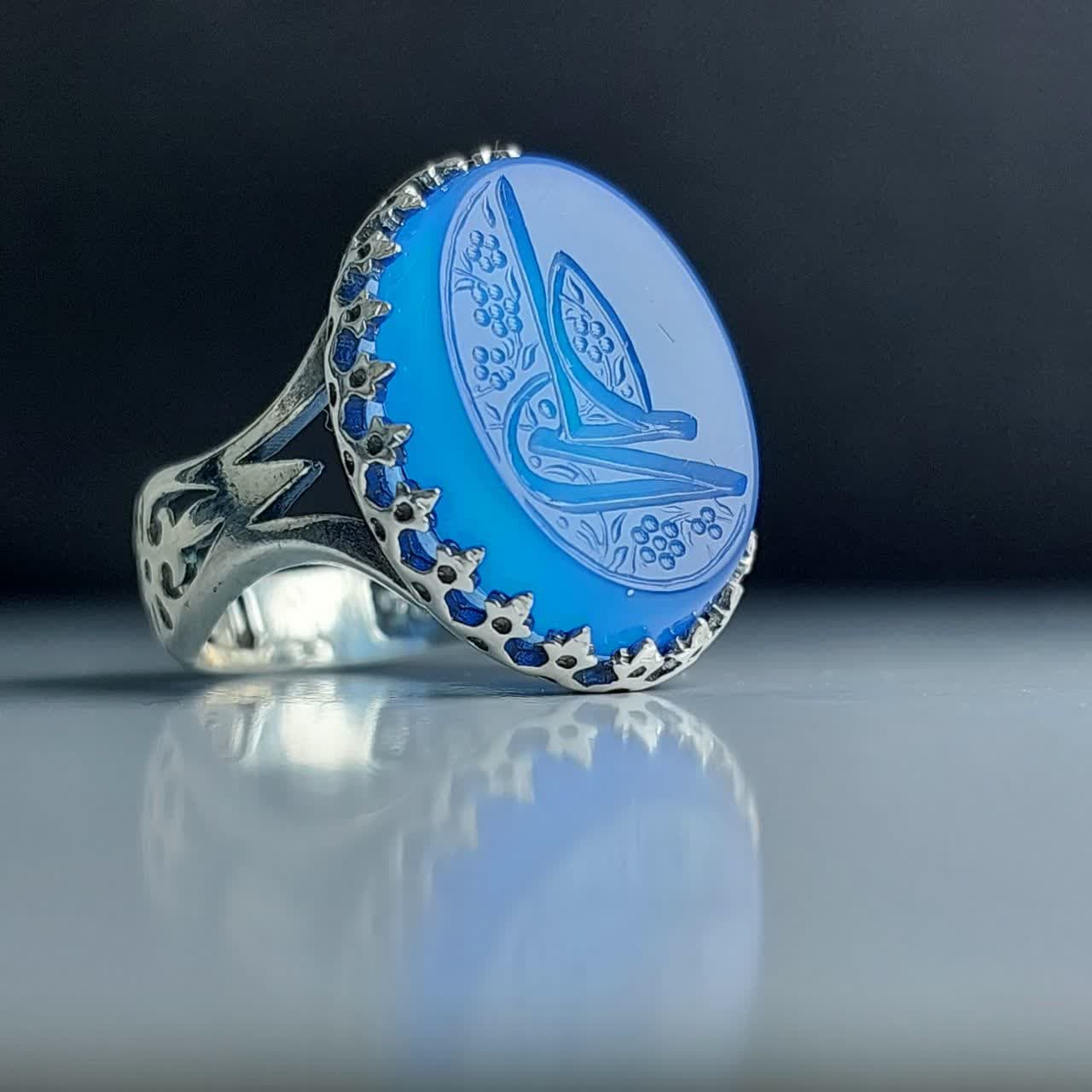 انگشتر نقره باسنگ عقیق ابی حکاکی علی کد 1702 — تصویر ۶