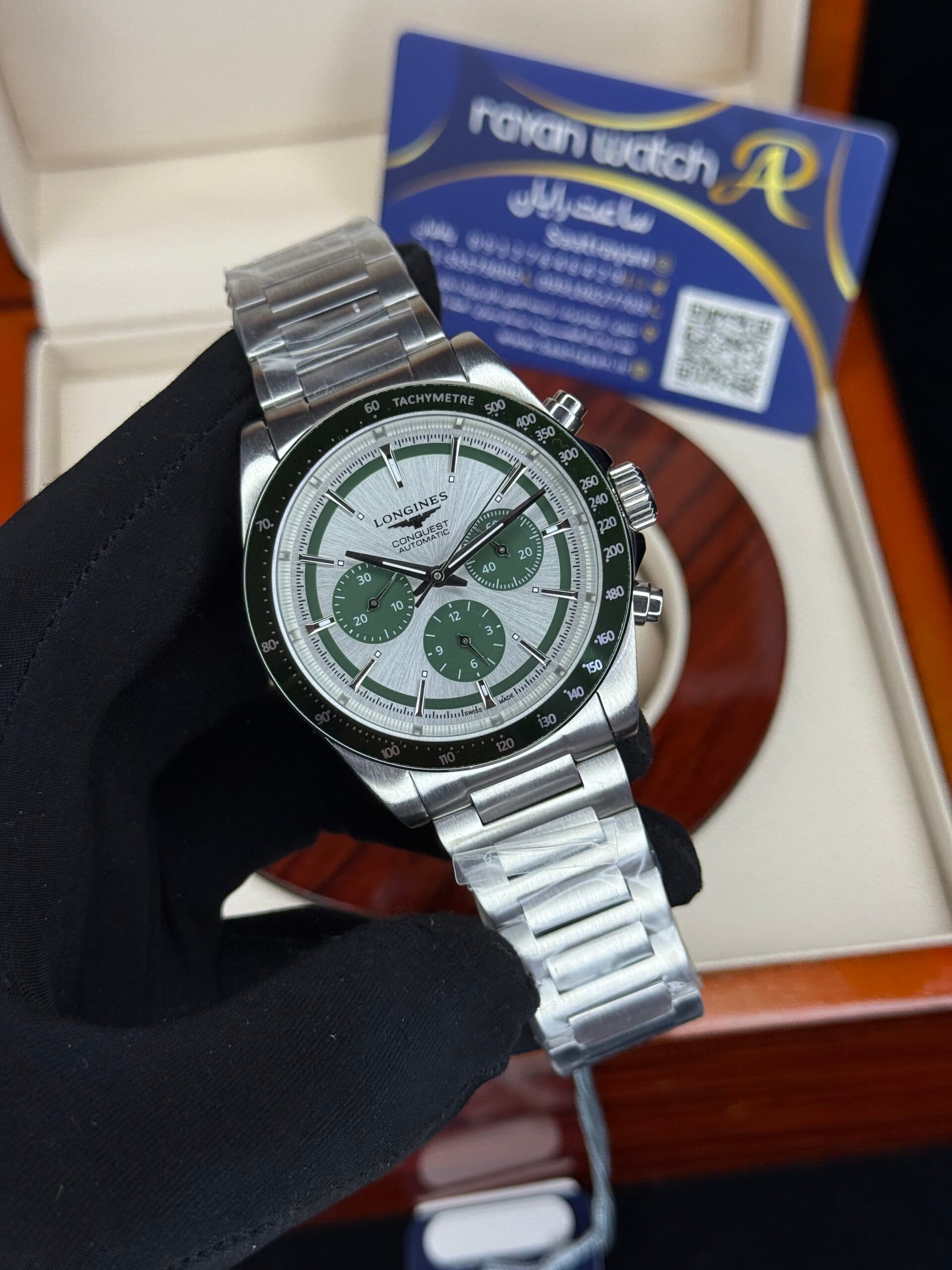 ساعت مچی‌ مردانه لونژین کرنوگراف سیلور سبز LONGINES CONQUEST CHRONOGRAPH
