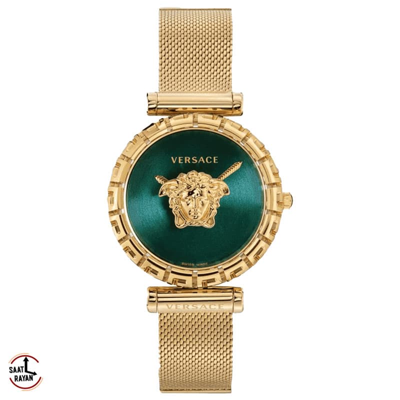 ساعت مچی زنانه ورساچه بند حصیری طلایی رنگ صفحه سبز VERSACE