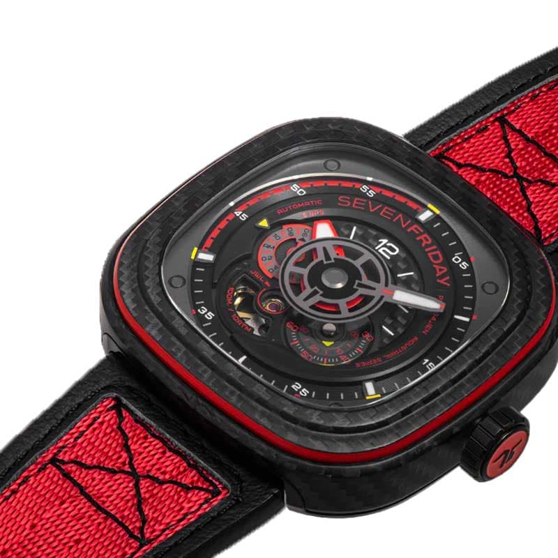 ساعت مچی سون فرایدی مردانه اتوماتیک بند جیر قرمز صفحه مشکی SEVENFRIDAY — تصویر ۶
