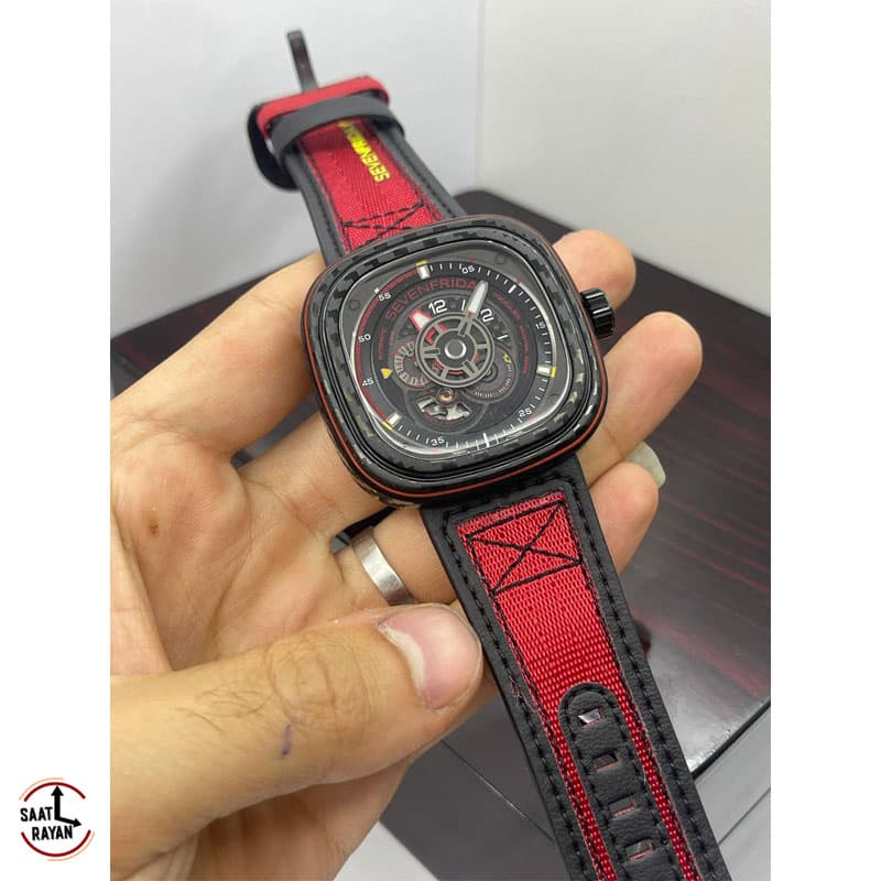 ساعت مچی سون فرایدی مردانه اتوماتیک بند جیر قرمز صفحه مشکی SEVENFRIDAY — تصویر ۸