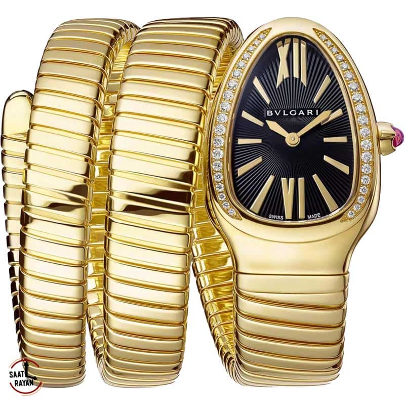 ساعت زنانه بولگاری مدل ماری طلایی صفحه مشکی دورنگین Bulgari Serpenti Tubogas