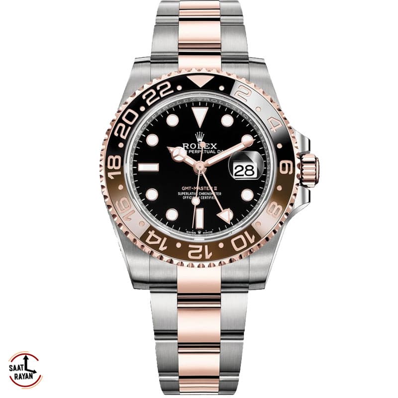 ساعت مچی رولکس مردانه مدل جی ام تی بند دو رنگ رزگلد صفحه مشکی ROLEX GMT R26 — تصویر ۲