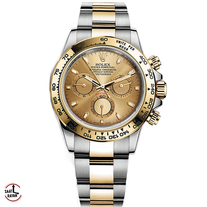 ساعت مچی رولکس مردانه مدل دیتونا بند دو رنگ طلایی صفحه طلاییROLEX Daytona