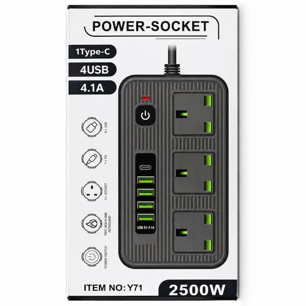 چندراهی برق ۳ خانه + ۴ پورت USB مدل 2500 وات — تصویر ۳