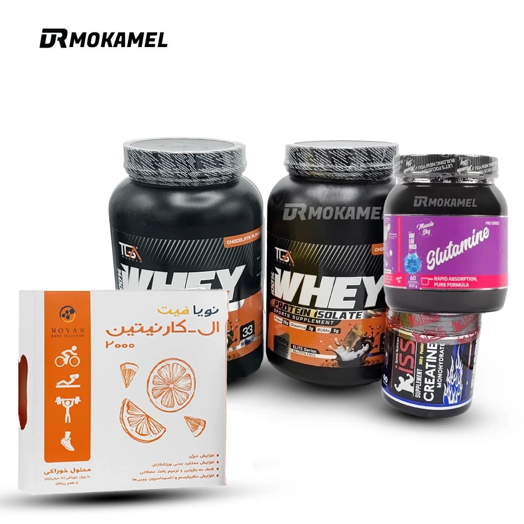 پک عضله ساز خشک شماره 5 (۲عدد ایزو وی ۱۰۰۰ گرم تی جی ای + کراتین ۳۰۰ گرم ای اس اس + گلوتامین ۳۰۰ گرم ماسال اسکای + ال کارنتین 2000 نویافیت) — تصویر ۲