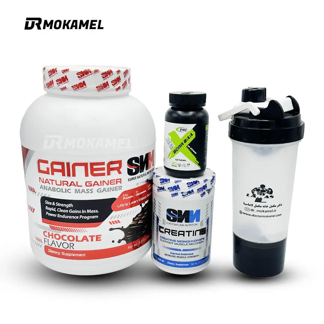 پک حجم و وزن 8 (مس گینر ۲/۶ اس ان ان + کراتین اس ان ان + بی سی ۱۲۰ عددی کارن + شیکر هدیه )