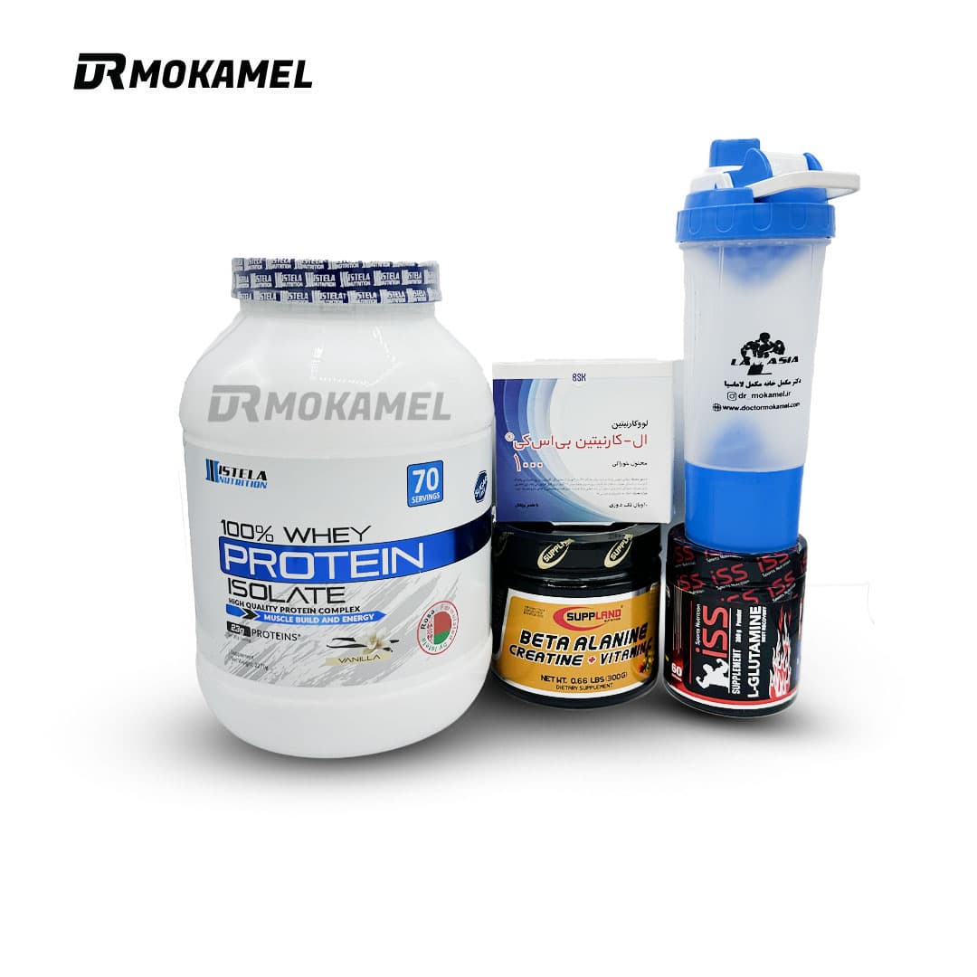 پک عضله ساز شماره 8 (وی ایزوله + کراتین بتاالانین + گلوتامین + ال کارنتین + شیکر هدیه)