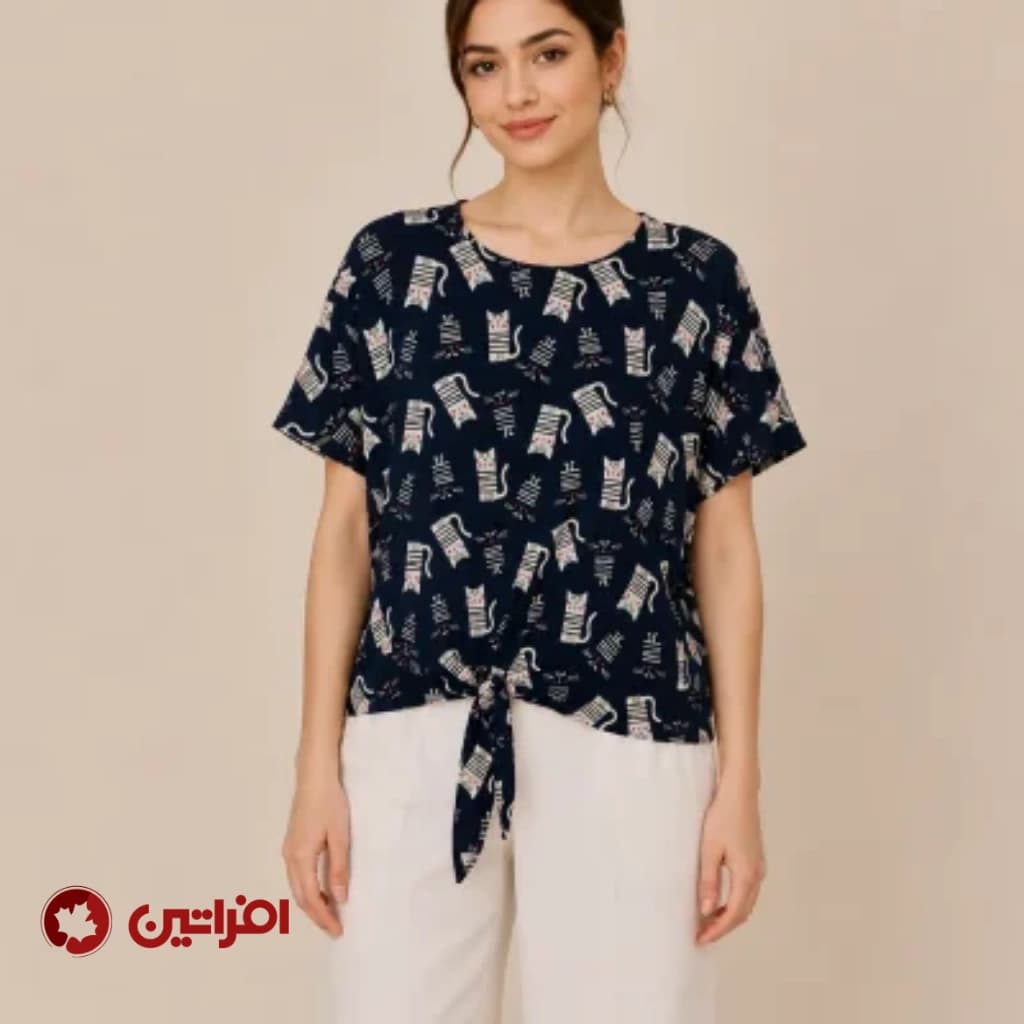 تیشرت زنانه طرح گربه مشکی مدل گره‌دار کد 2623