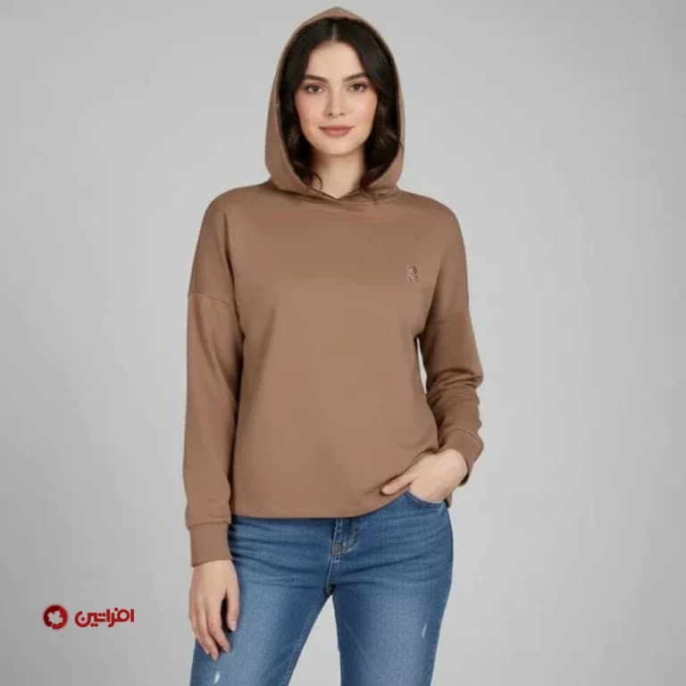 هودی زنانه ساده پنبه‌ای نسکافه‌ای | کد 7566 — تصویر ۳