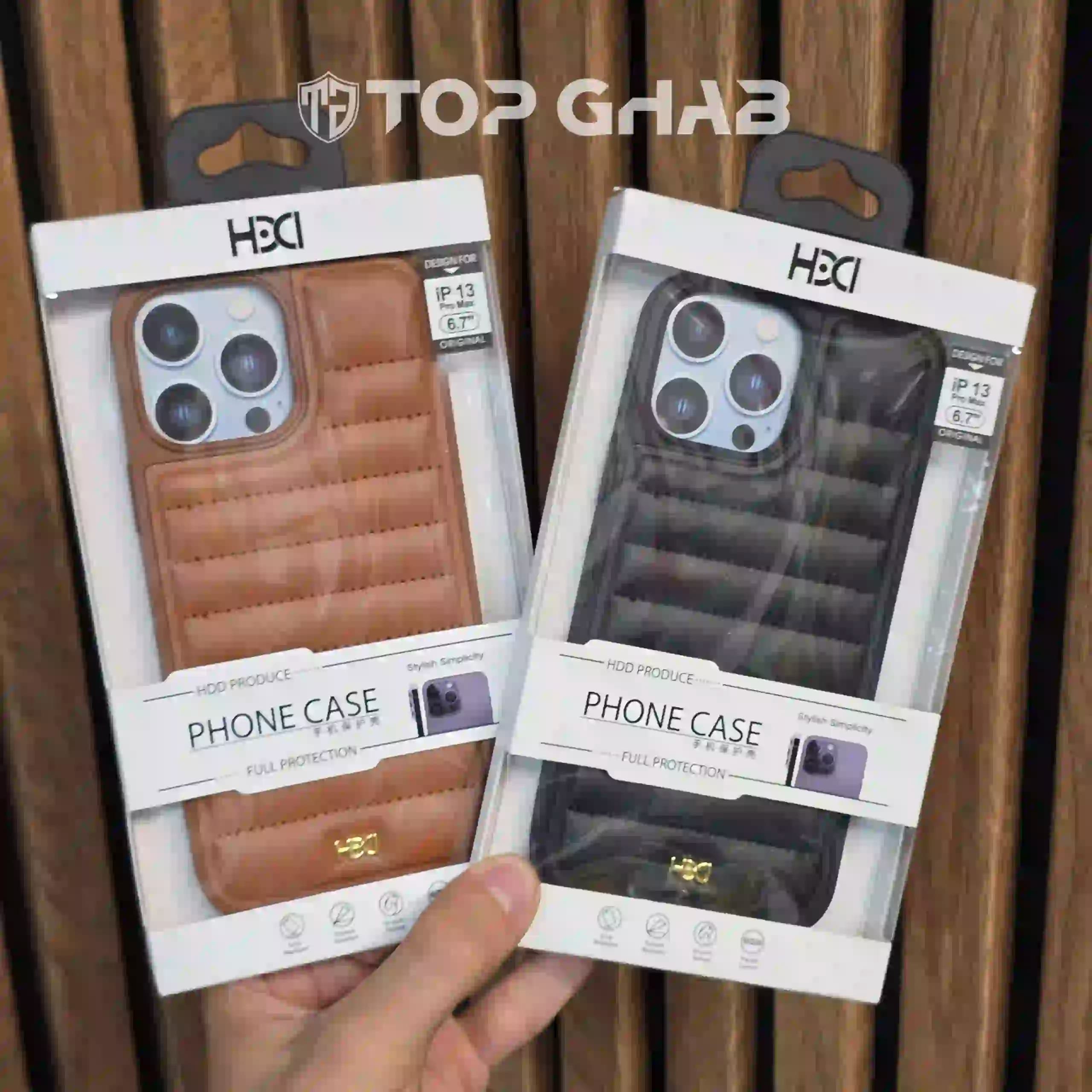 قاب اورجینال HDD چرم پافری طرح دوخت آیفون 13 پرو مکس (مشکی و قهوه‌ای)