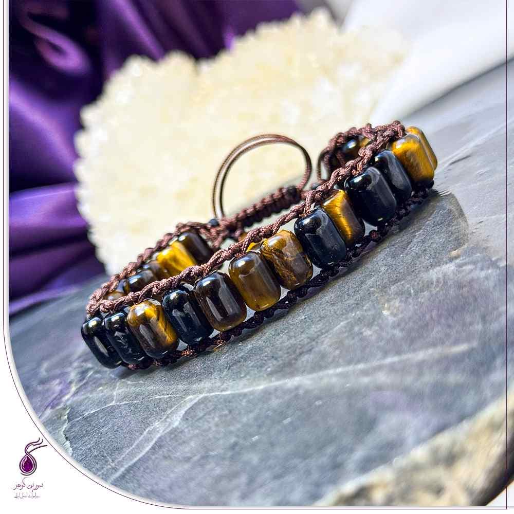 دستبند سنگ تورمالین سیاه و چشم ببر لوله ای کد B209