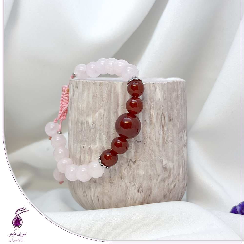 دستبند سنگ عقیق قرمز و رز کوارتز کد B134