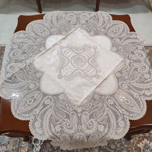 رومیزی مربع بزرگ 90*90 مخمل دانتل طرح ترک مدل آنتیک
