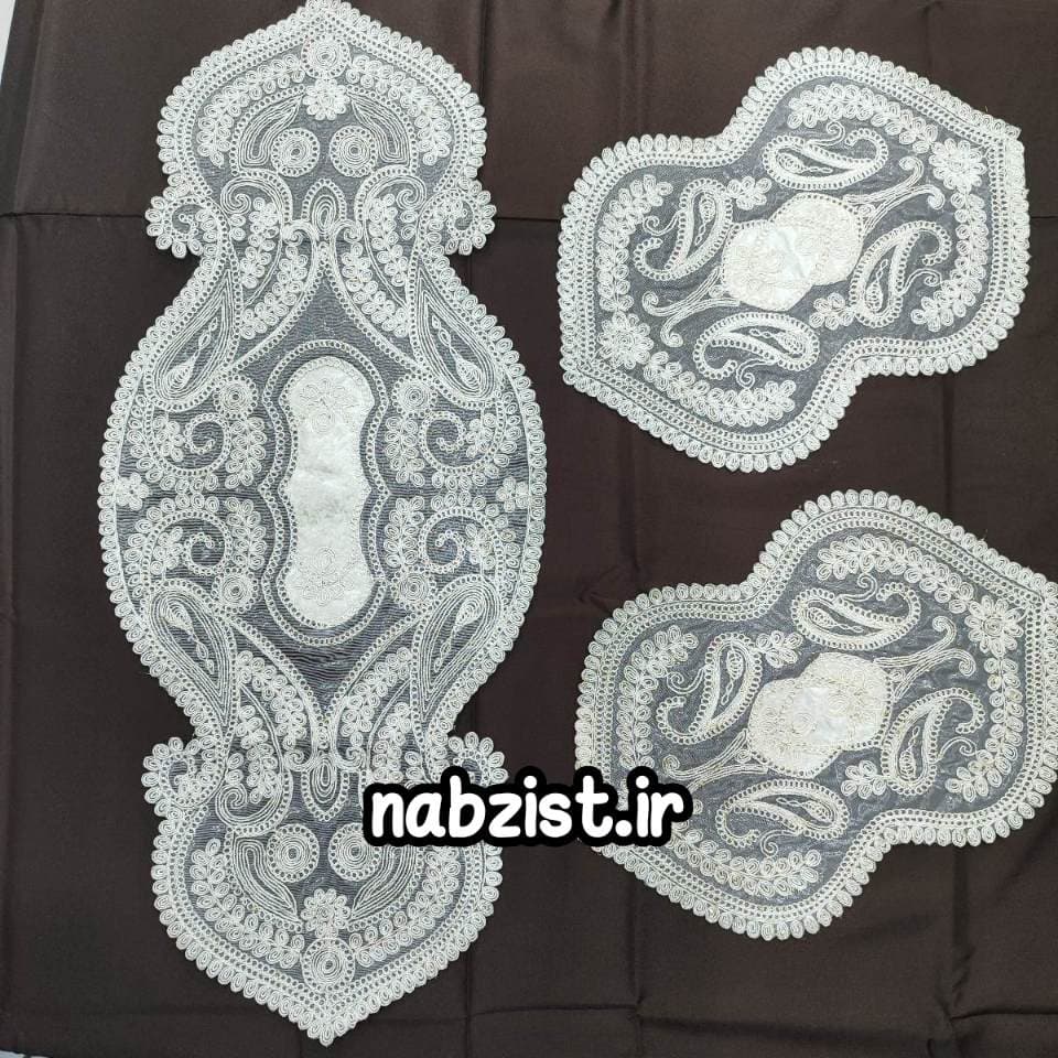 رومیزی 3 تکه جلومبلی و عسلی دانتل طرح ترک مدل مرمر