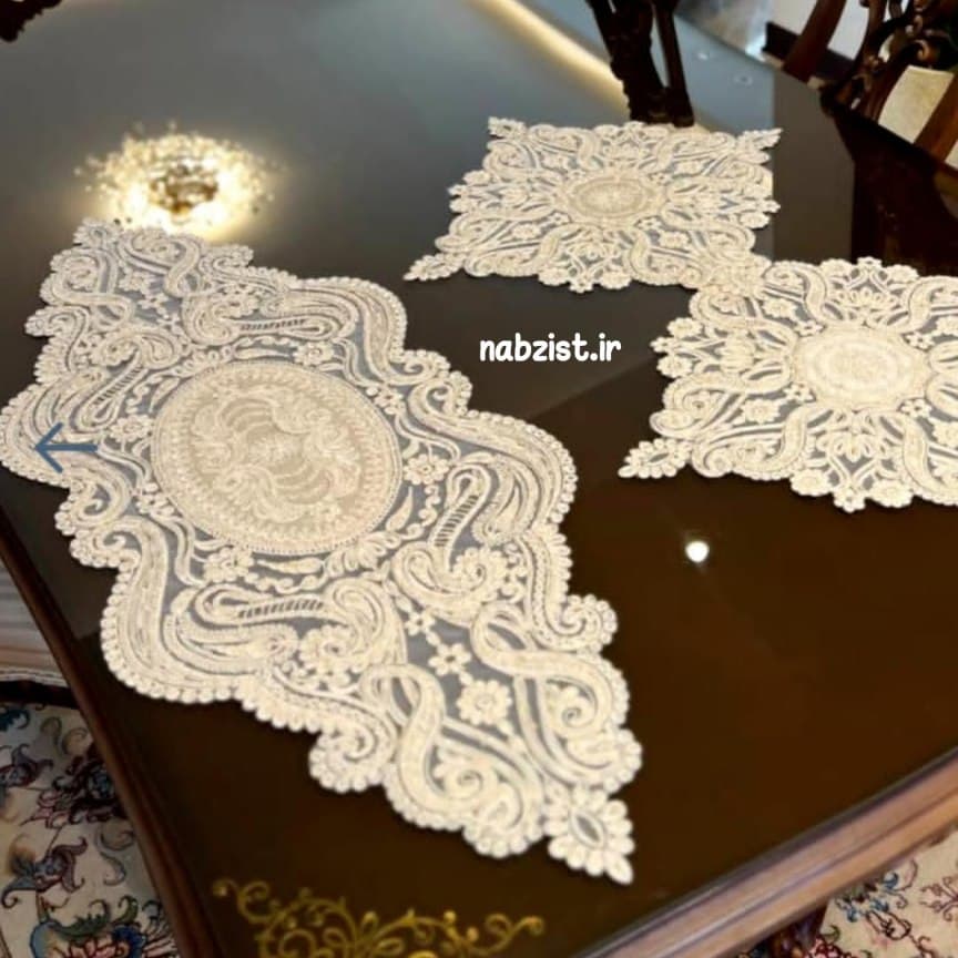 رومیزی 3 تکه جلومبلی و عسلی دانتل طرح ترک مدل آنتیک جدید