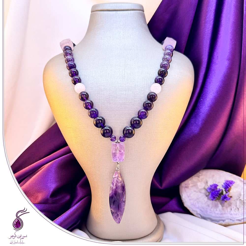 گردنبند رولباسی سنگ آمیتیست و رز کوارتز کد N42
