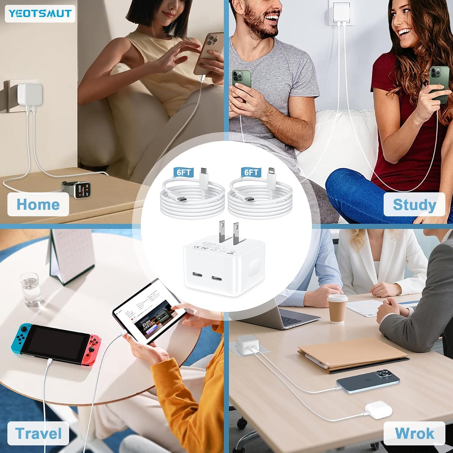 شارژر دیواری ۳۵ وات دو پورت تایپ سی به همراه 2 کابل لایتنینگ و تایپ سی | YEOTSMUT 35W Dual USB-C Charger — تصویر ۳