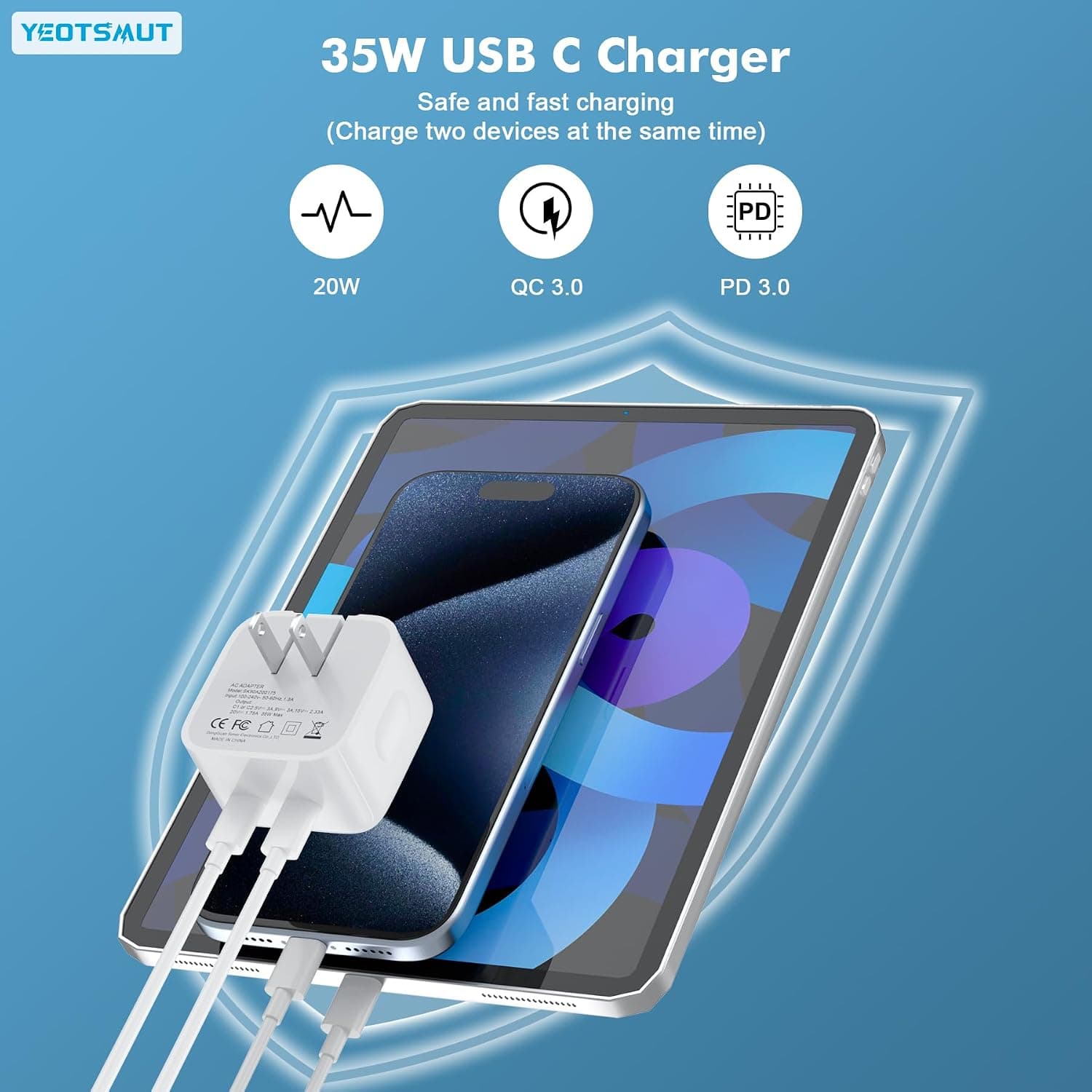 شارژر دیواری ۳۵ وات دو پورت تایپ سی به همراه 2 کابل لایتنینگ و تایپ سی | YEOTSMUT 35W Dual USB-C Charger — تصویر ۴