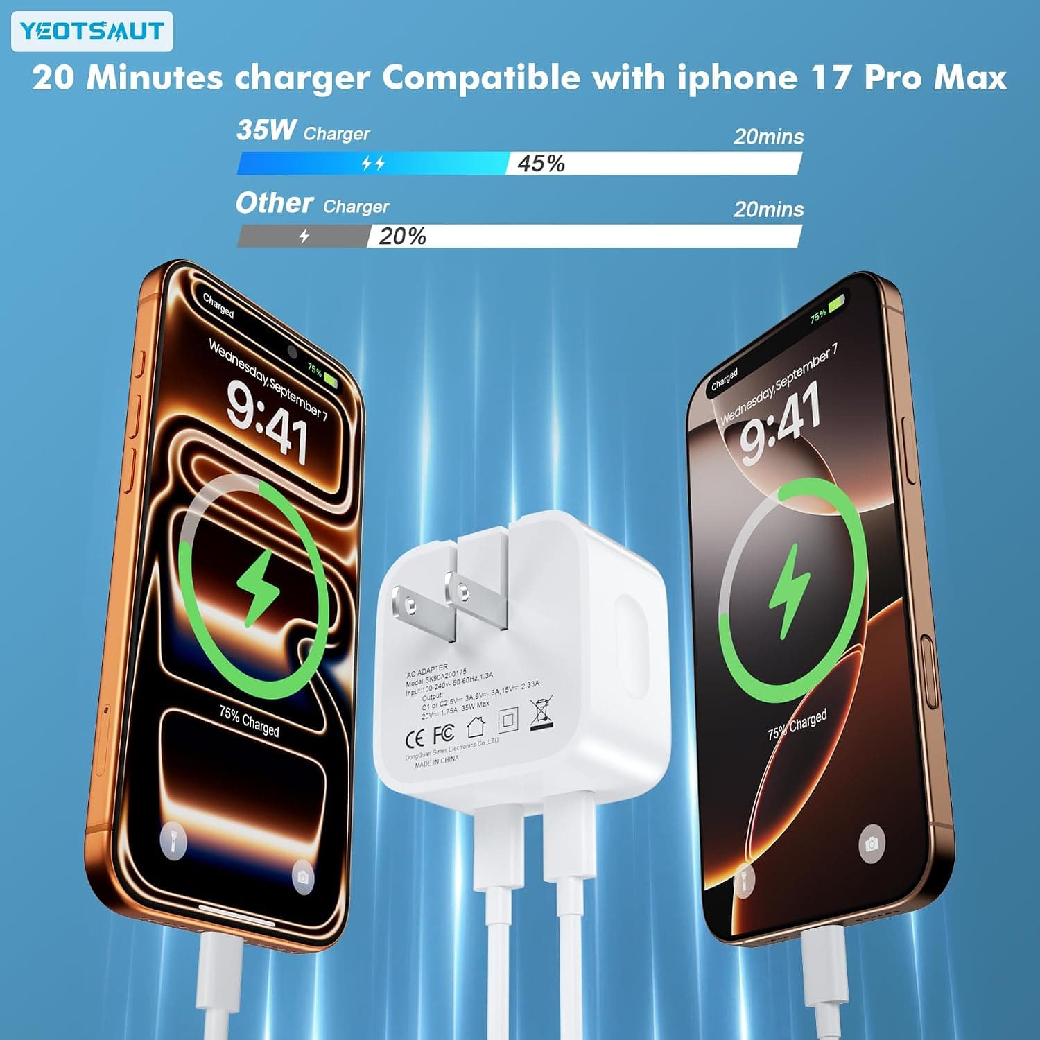 شارژر دیواری ۳۵ وات دو پورت تایپ سی به همراه 2 کابل لایتنینگ و تایپ سی | YEOTSMUT 35W Dual USB-C Charger — تصویر ۵