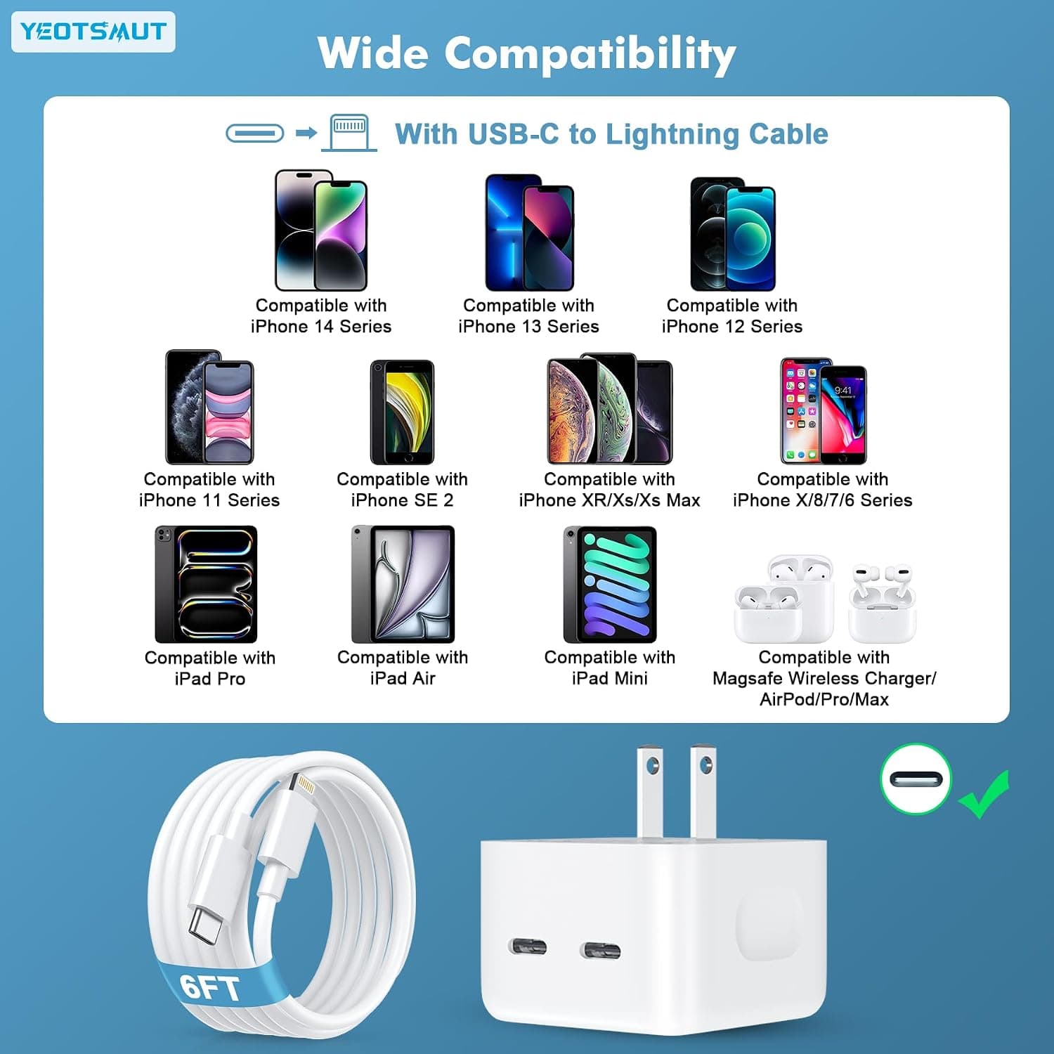 شارژر دیواری ۳۵ وات دو پورت تایپ سی به همراه 2 کابل لایتنینگ و تایپ سی | YEOTSMUT 35W Dual USB-C Charger — تصویر ۶