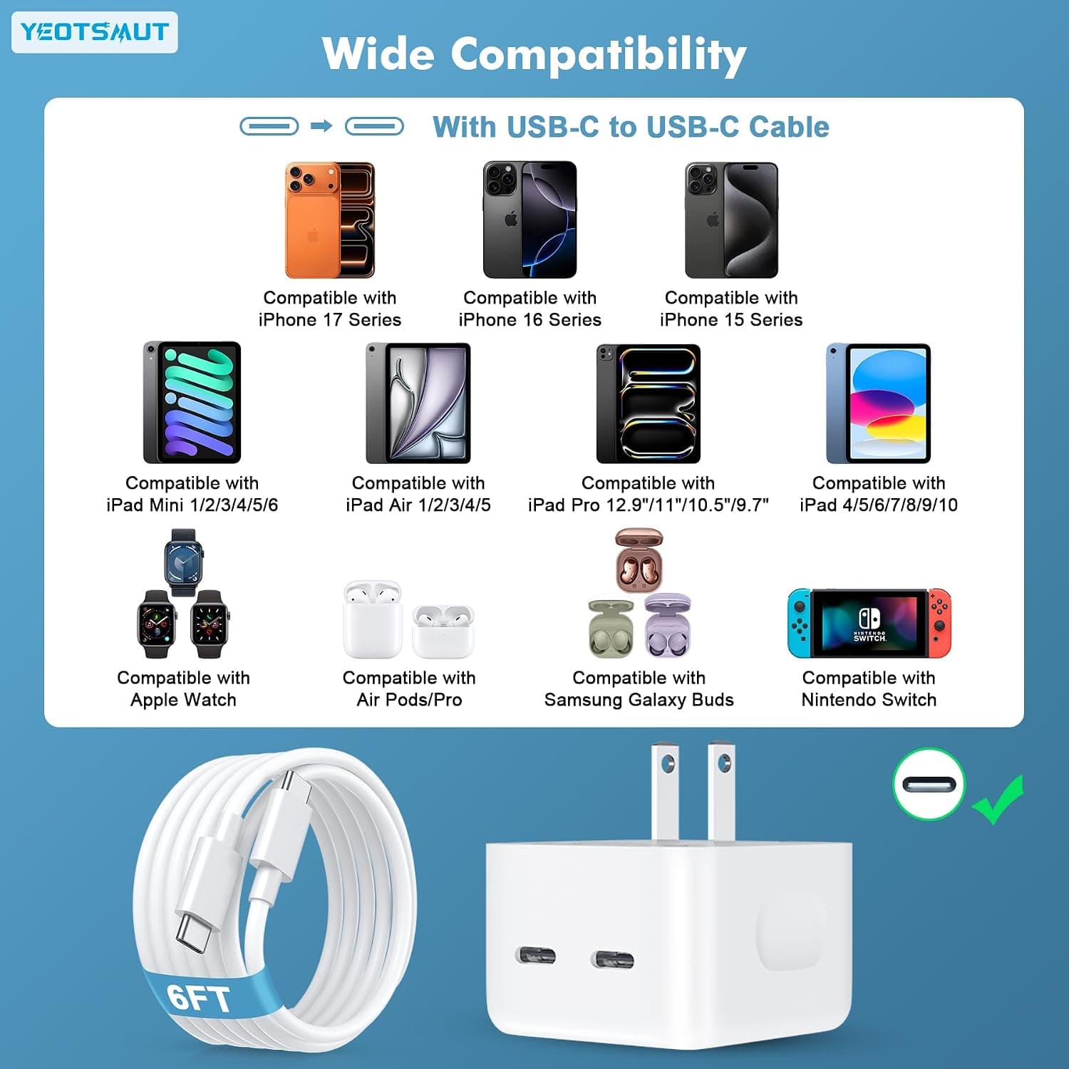شارژر دیواری ۳۵ وات دو پورت تایپ سی به همراه 2 کابل لایتنینگ و تایپ سی | YEOTSMUT 35W Dual USB-C Charger — تصویر ۷