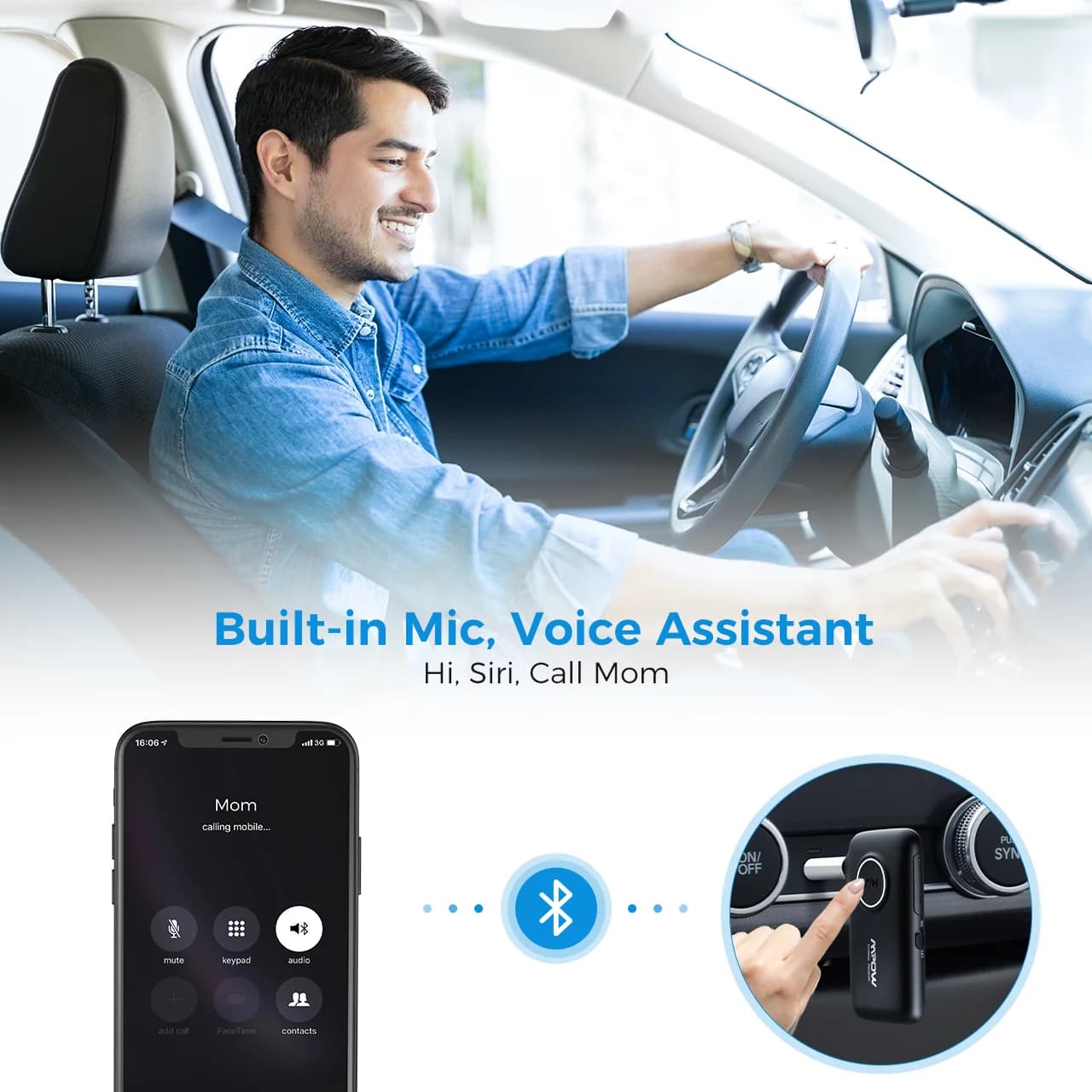 گیرنده بلوتوث خودرو Mpow با اتصال AUX و بلوتوث 5.0 | Mpow BH298A Bluetooth Aux Adapter — تصویر ۵