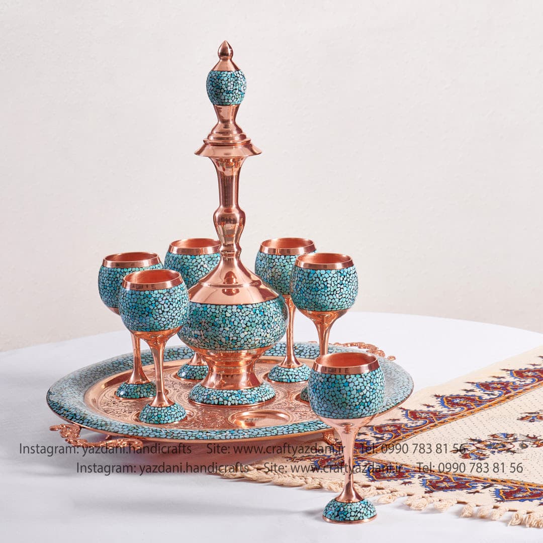ست کامل شربت خوری 8 پارچه 6 نفره مس و فیروزه - تولیدی صنایع دستی یزدانی