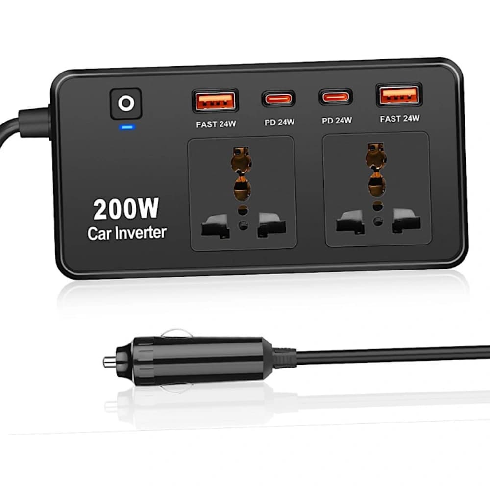 اینورتر 200 وات گرین لاین مدل Green Lion GC-200، شارژ سریع با 2 پریز AC و 4 پورت USB، مناسب سفر و خودرو — تصویر ۹