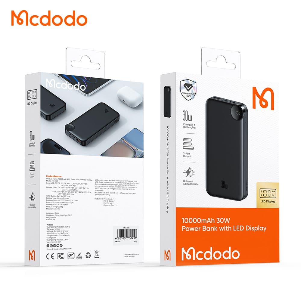 پاوربانک 30 وات ظرفیت 10000 مک دودو مدل MCDODO MC-3850 به همراه کابل شارژ - دینگ فون — تصویر ۹