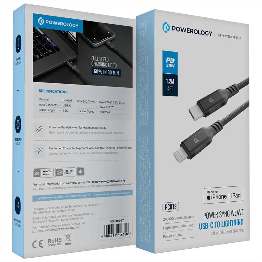 کابل شارژ تایپ‌ سی به لایتنینگ 30 وات پاورولوژی طول 1.2 متر Powerology PCAB018GY PC018 — تصویر ۳