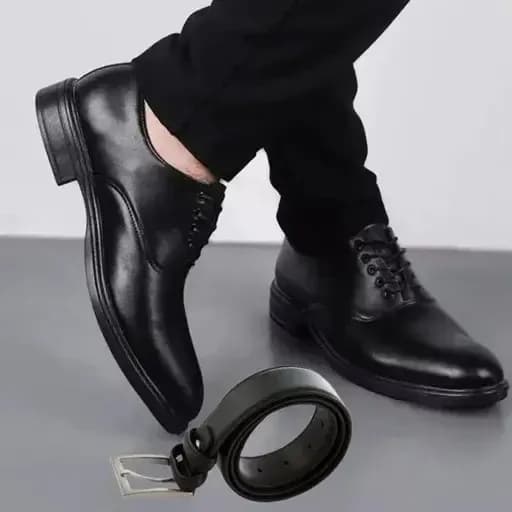 ست کفش مردانه مدل رویال و کمربند چرم صنعتی مشکی — تصویر ۹