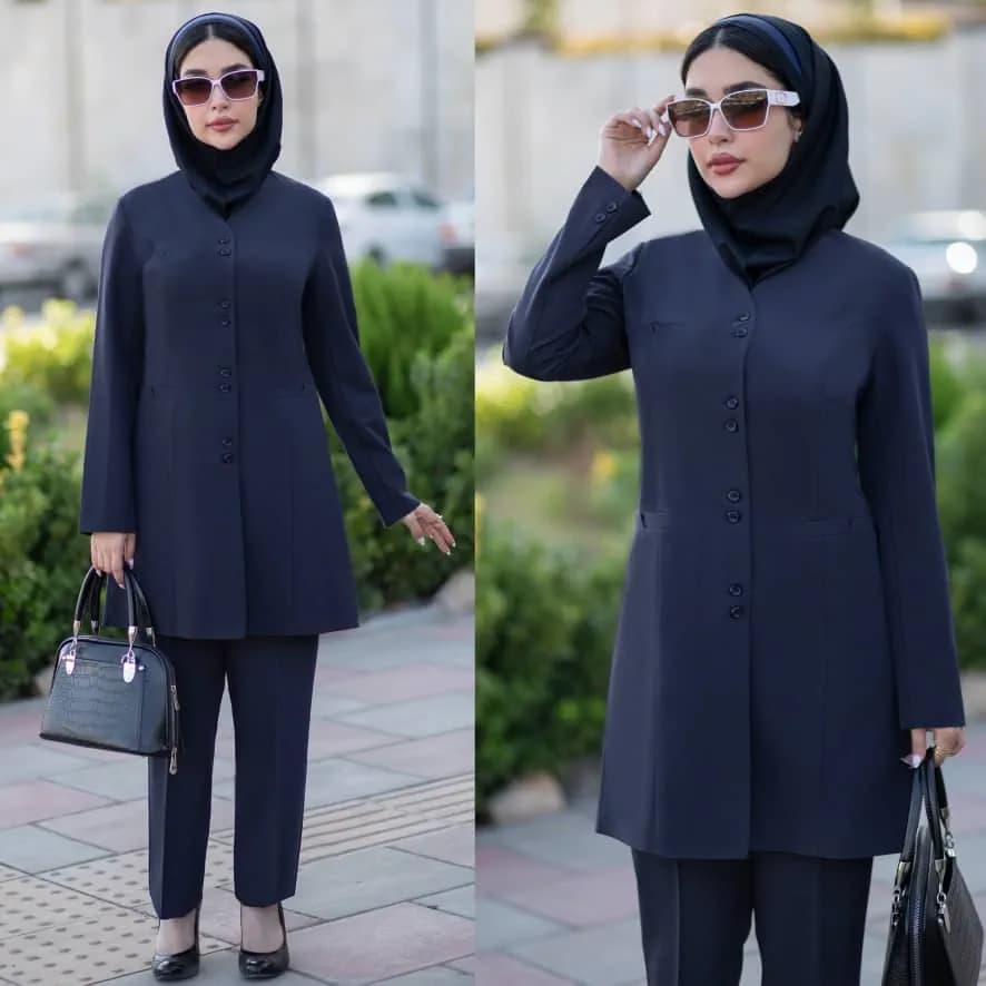 مانتو شلوار دو دکمه کد ۶۴۸ رنگ سرمه ای
