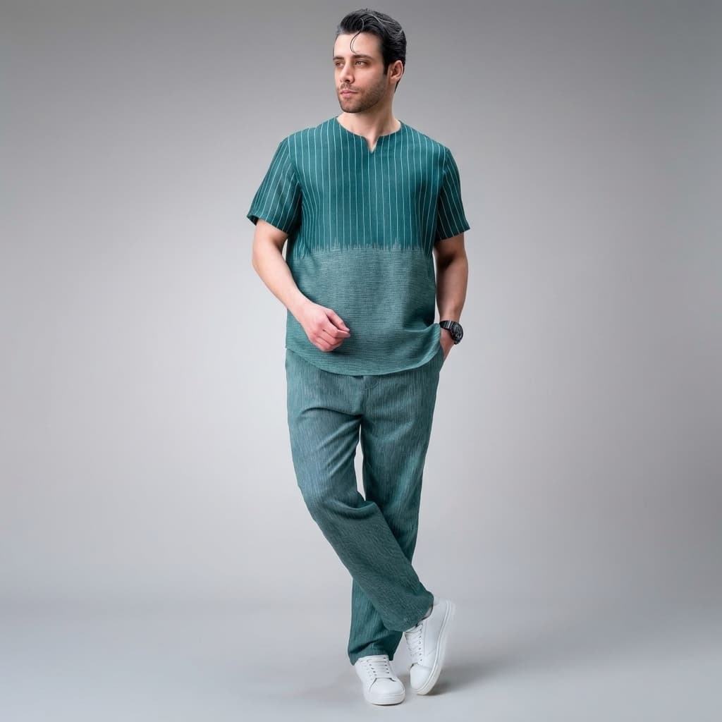 ست تیشرت و شلوار مردانه آریا پوش مدل مراکشی راه راه کد R-552 رنگ سبز