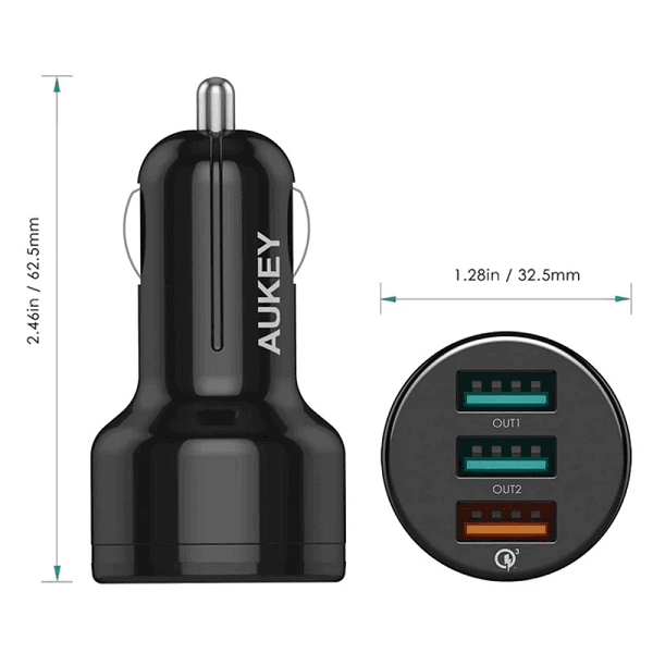 شارژر فندکی 3 پورت و فست شارژ آکی Aukey CC-T11 QC3.0 3A PD 42W به همراه کابل Type-C — تصویر ۹
