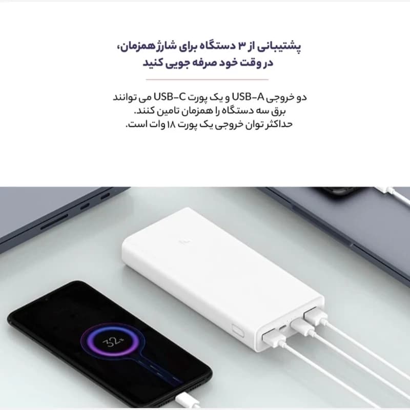 پاوربانک فست شارژ شیائومی اورجینال مدل PLM18ZM Xiaomi Mi PowerBank 3 ظرفیت 20000 میلی آمپر ساعت — تصویر ۴